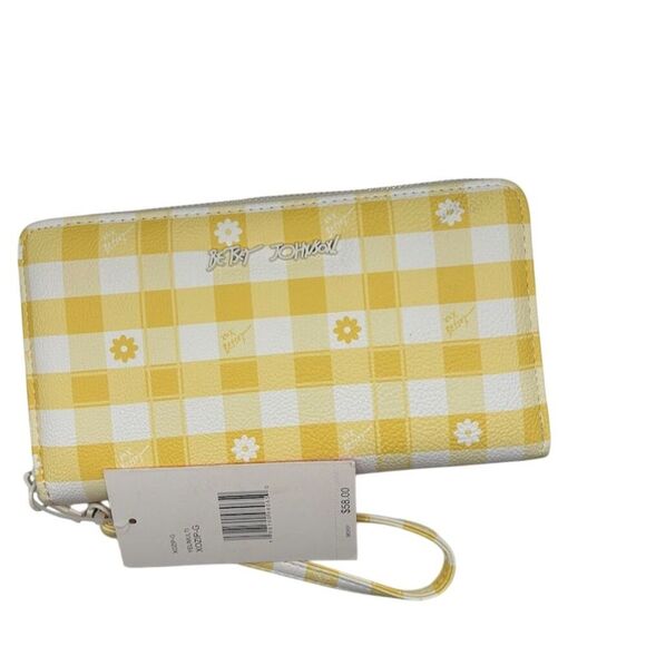 Betsey Johnson Yellow Gingham Daisy Wristlet Wallet Zip-Around - Picture 1 of 4